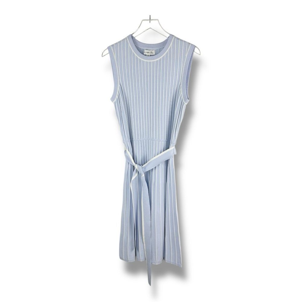Harper Rose Baby Blue and White Sleeveless‎ Pin-tuck Knit Dress w/Belt New Large